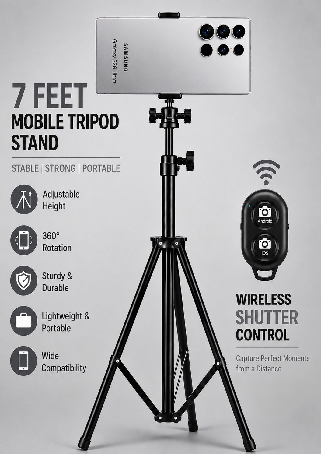 ZAXART 7 Feet Adjustable Tripod With Bluetooth Remote For online class/reel /video call Monopod, Monopod Kit, Tripod, Tripod Ball Head, Tripod Bracket, Tripod Clamp, Tripod Kit-picture-10