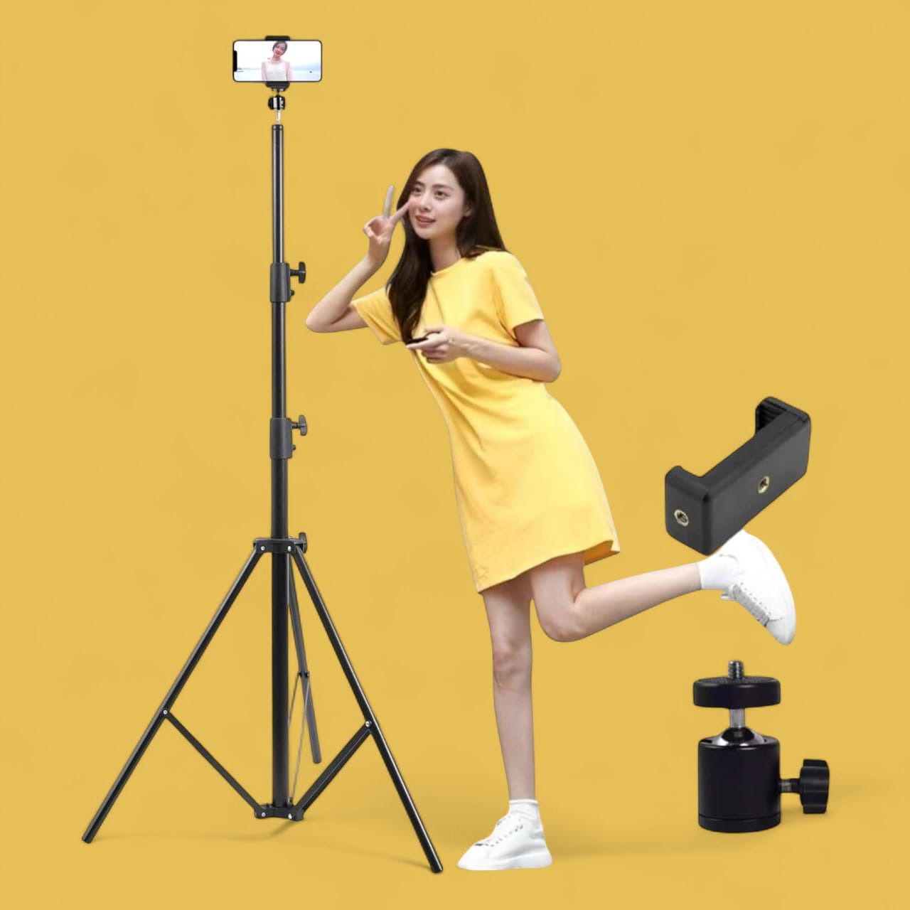 dogger Lightweight 7Ft. Long Tripod Stand with Mobile Holder Clip & 360 Degree Rotating Tripod Ball Head-image-6