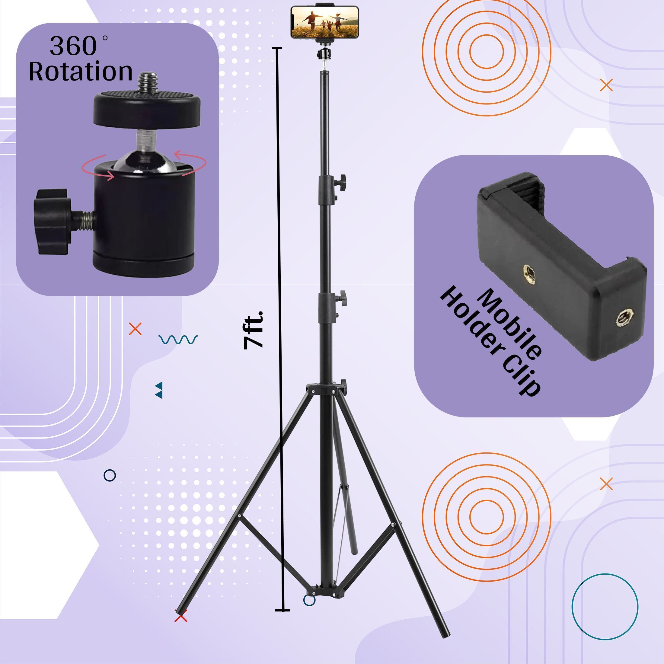 IMPLEXMART Lightweight 7 Ft Long Tripod Stand with Mobile Holder Clip & 360 Degree Rotating Tripod Ball Head-image-29
