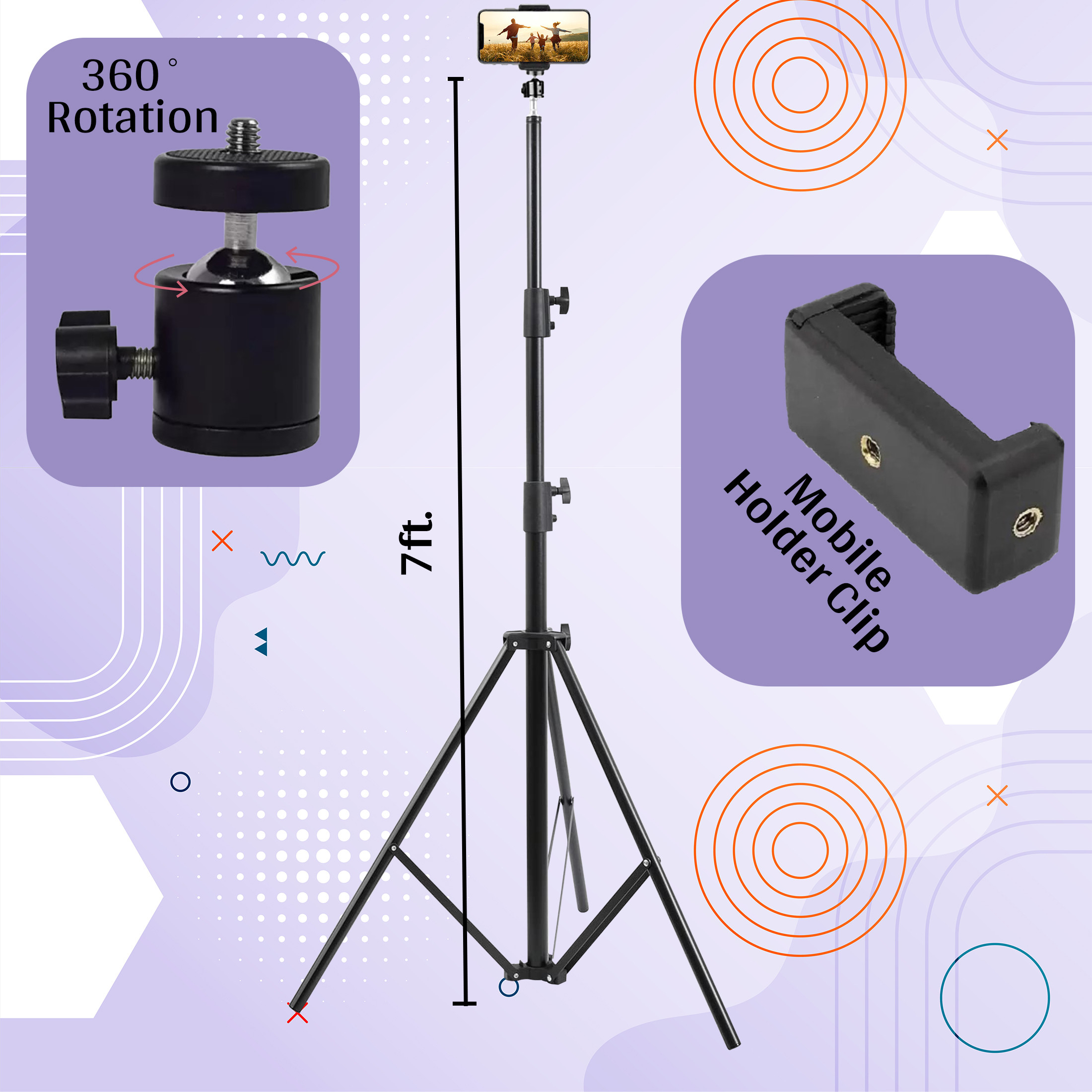 dogger Lightweight 7 Ft Long Tripod Stand with Mobile Holder Clip & 360 Degree Rotating Tripod Ball Head image 1