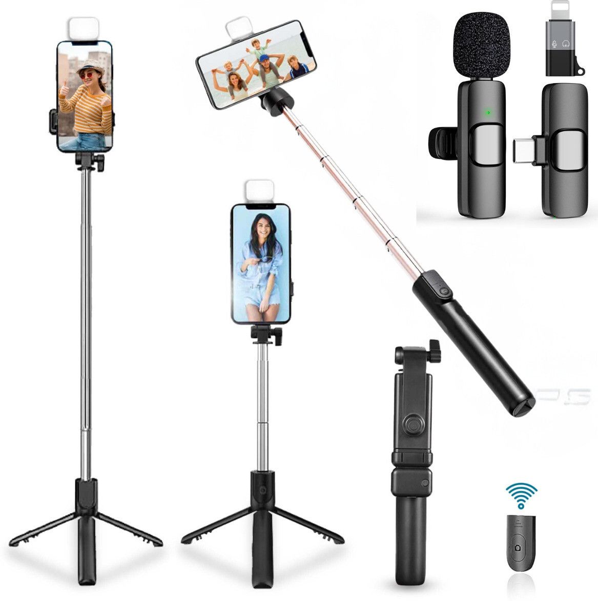USTINE (Combo with Wireless Lavalier K8 Mic) Selfie Stick with Tripod Stand, Tripod Kit