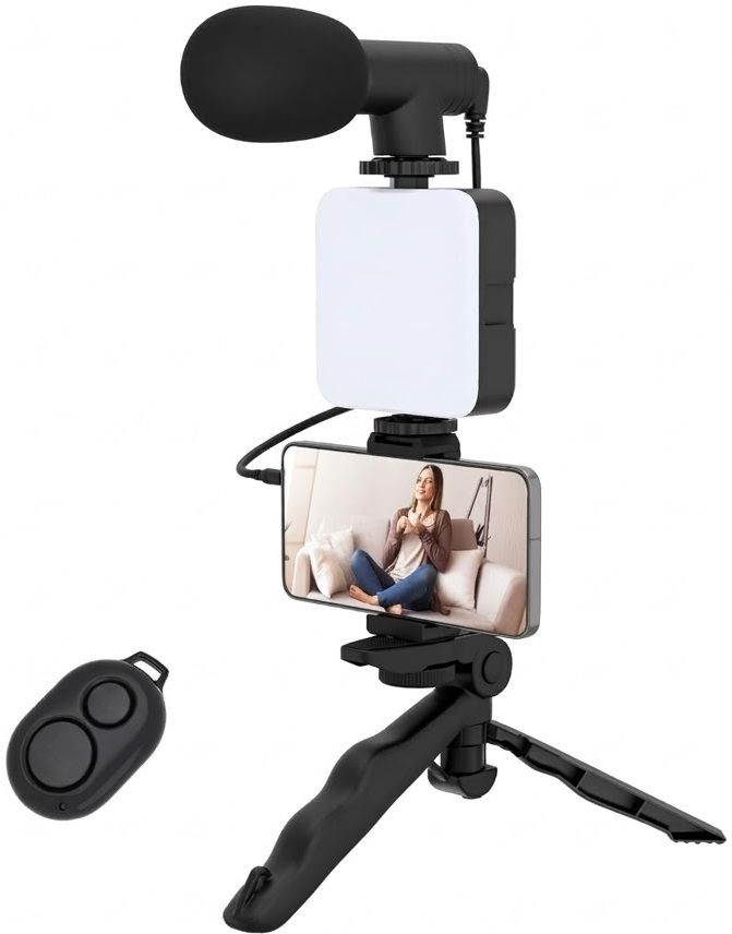 Moxio 6 in 1 Vlogging Kit for Mobile with Tripod LED Light & Microphone Tripod Kit Tripod Kit-image-2
