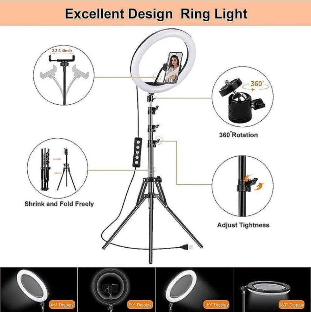 MOTOFLY 10" Selfie LED Light, Phn Holder, 7Ft Long Stand,360'5m long collar mic-kit Tripod Kit