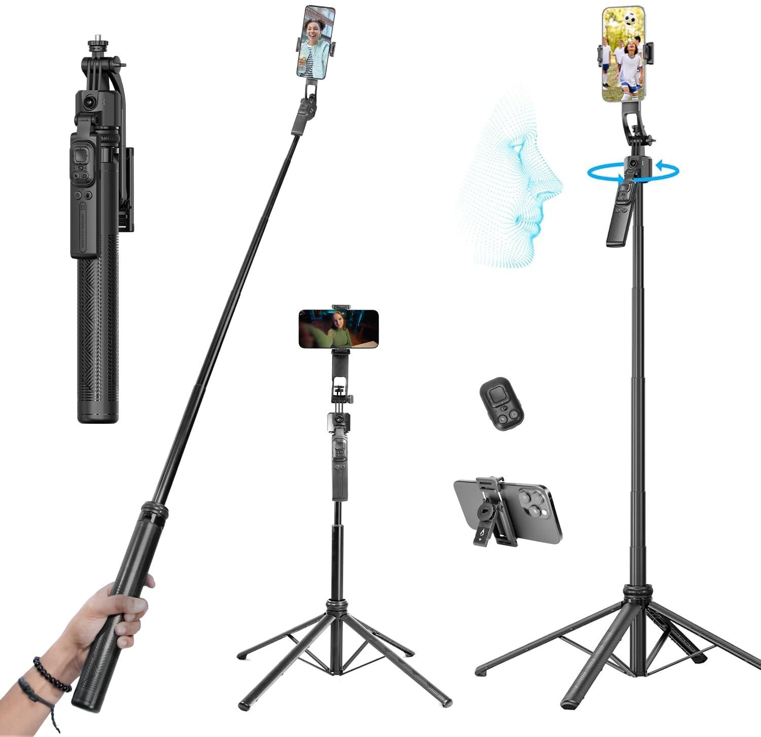 Hiffin AI Tracking 360° Selfie Stick Tripod | 160cm | Quad Grip | Bluetooth Tripod-image-6