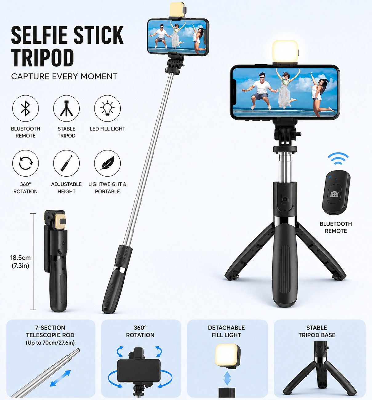 CHG R1S Bluetooth Selfie Stick Tripod for Mobile Phone | Extendable Selfie Stick Tripod, Tripod Kit, Tripod Ball Head-image-27
