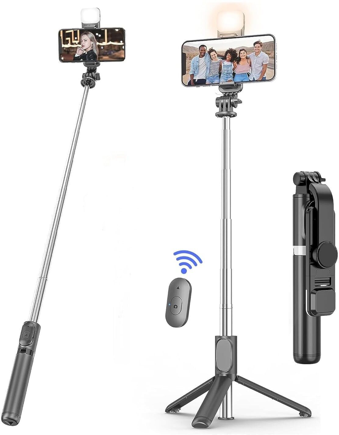hybite Bluetooth Selfie Stick with Wireless Remote & Tripod Stand with LED Light Mobile Tripod