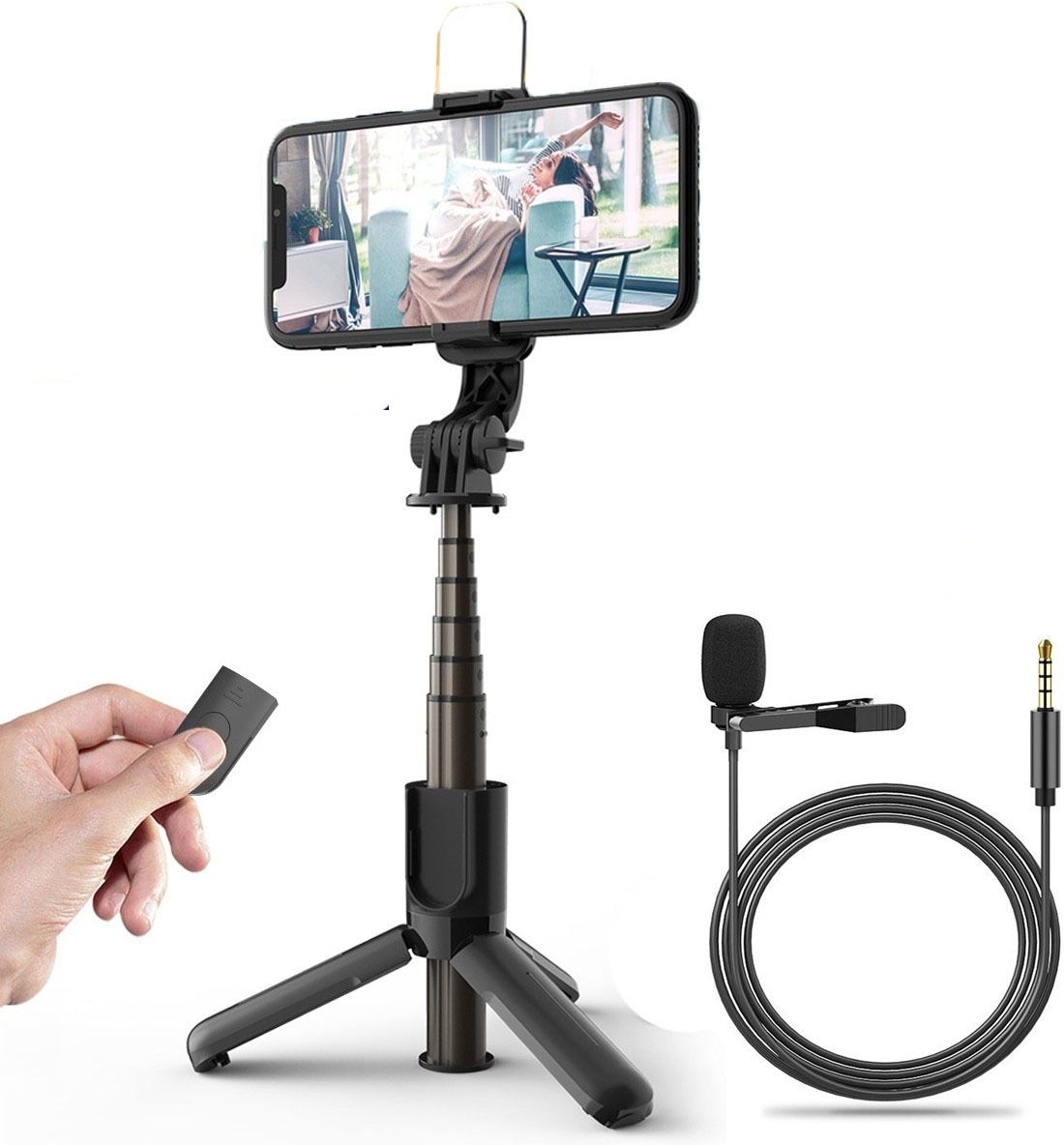 POZUB Mobiles Video Stand Bluetooth Selfie Stick with Selfie Light+Collar Microphone Tripod, Tripod Bracket, Tripod Clamp