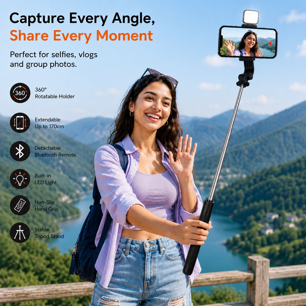HazarikaMart Bluetooth Selfie Stick Tripod with LED Light & Remote, 170cm Stand Tripod, Tripod Clamp, Tripod Kit, Tripod Ball Head, Tripod Bracket, Monopod Kit, Monopod-image-30