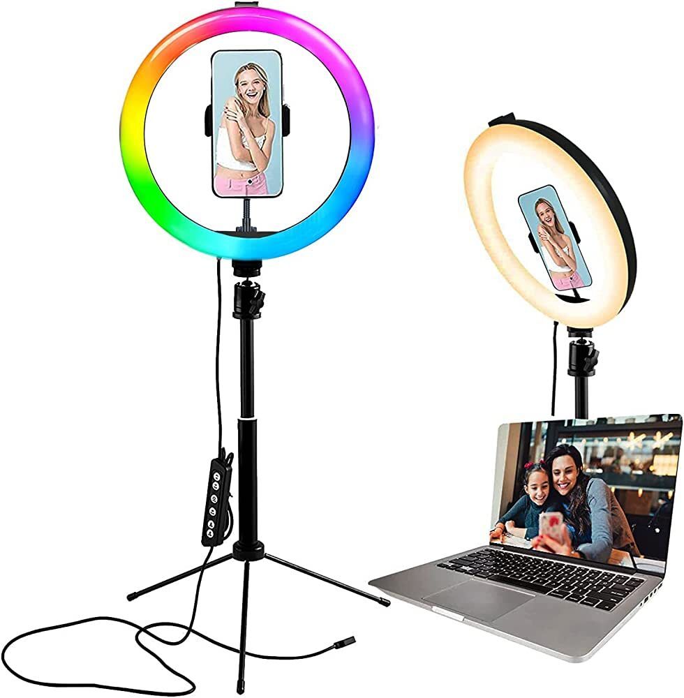 TECHMAZE 13" RGB LED Ring Light with Adjustable Tripod Stand 16-Colors Tripod-image-38
