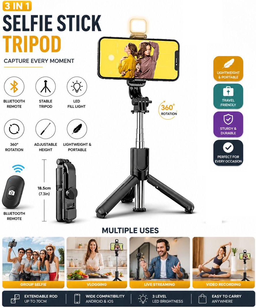 CHG R1S Selfie Stick Tripod Combo with Bluetooth Remote | 360° Rotation Mobile Stand Tripod, Tripod Kit, Tripod Ball Head-image-20