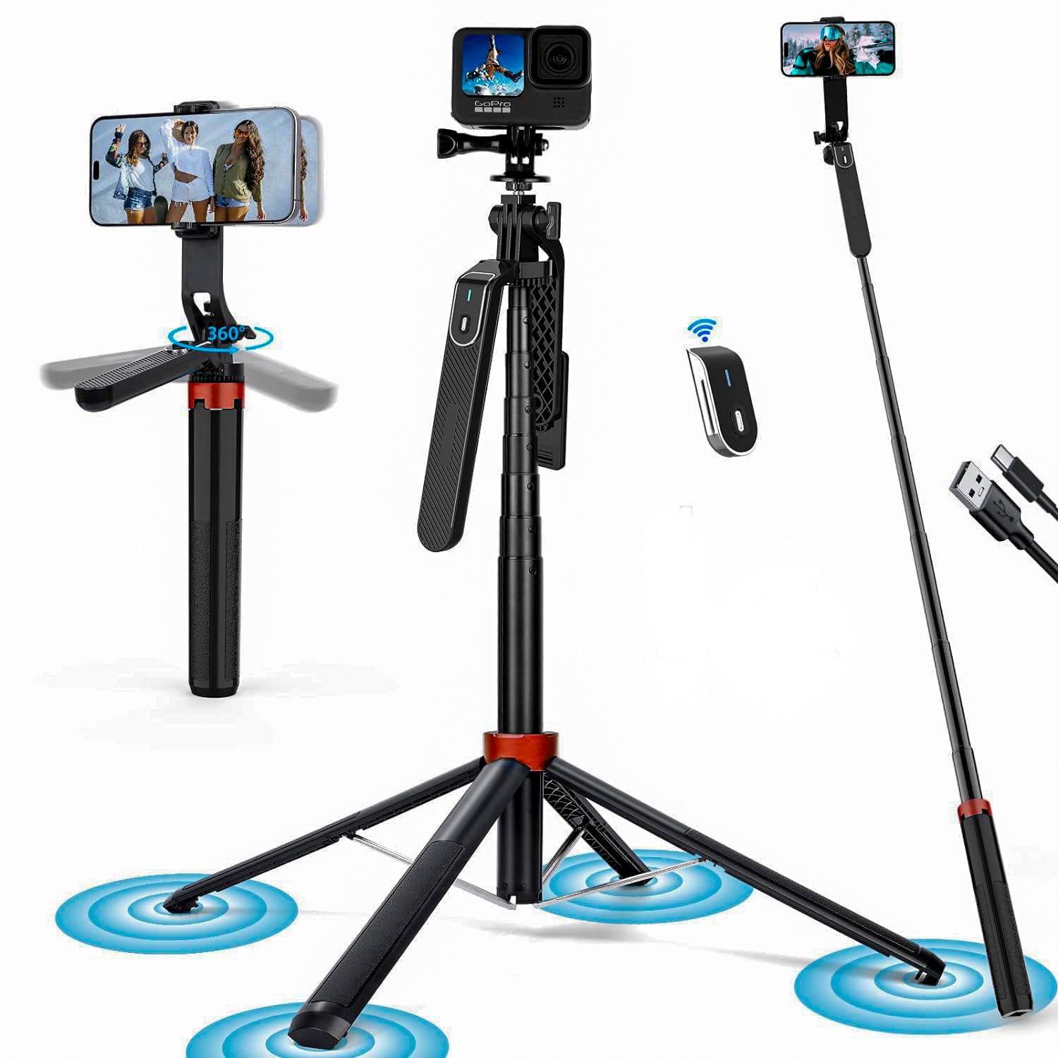 Tryonce 3-in-1 Selfie Stick Tripod 6 Feet with Bluetooth Remote and Stable Handle Tripod-image-34