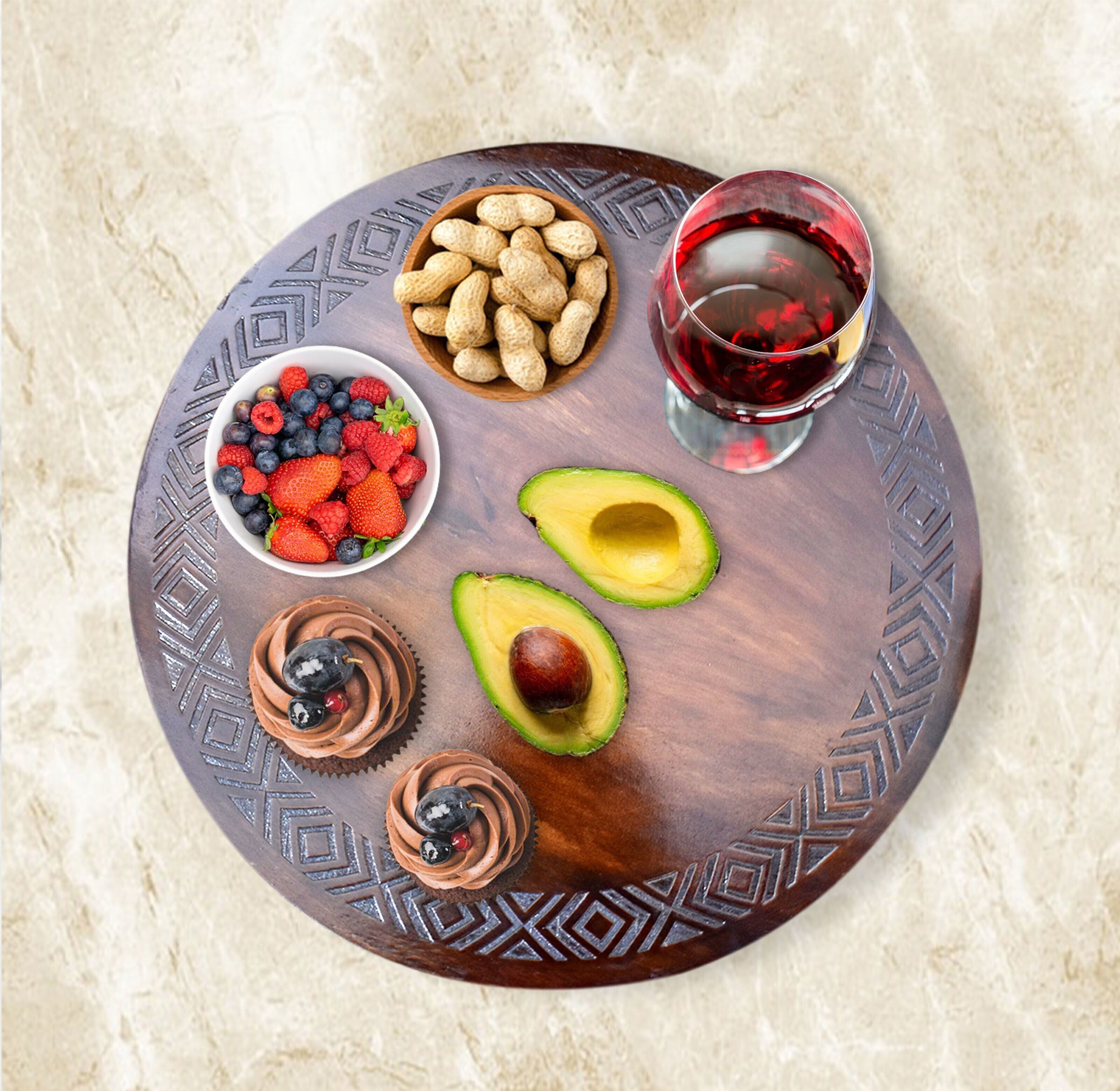Wood Engraved Lazy Susan (Tribal Abstract) 16x16 inches Walnut Trivet-image-3