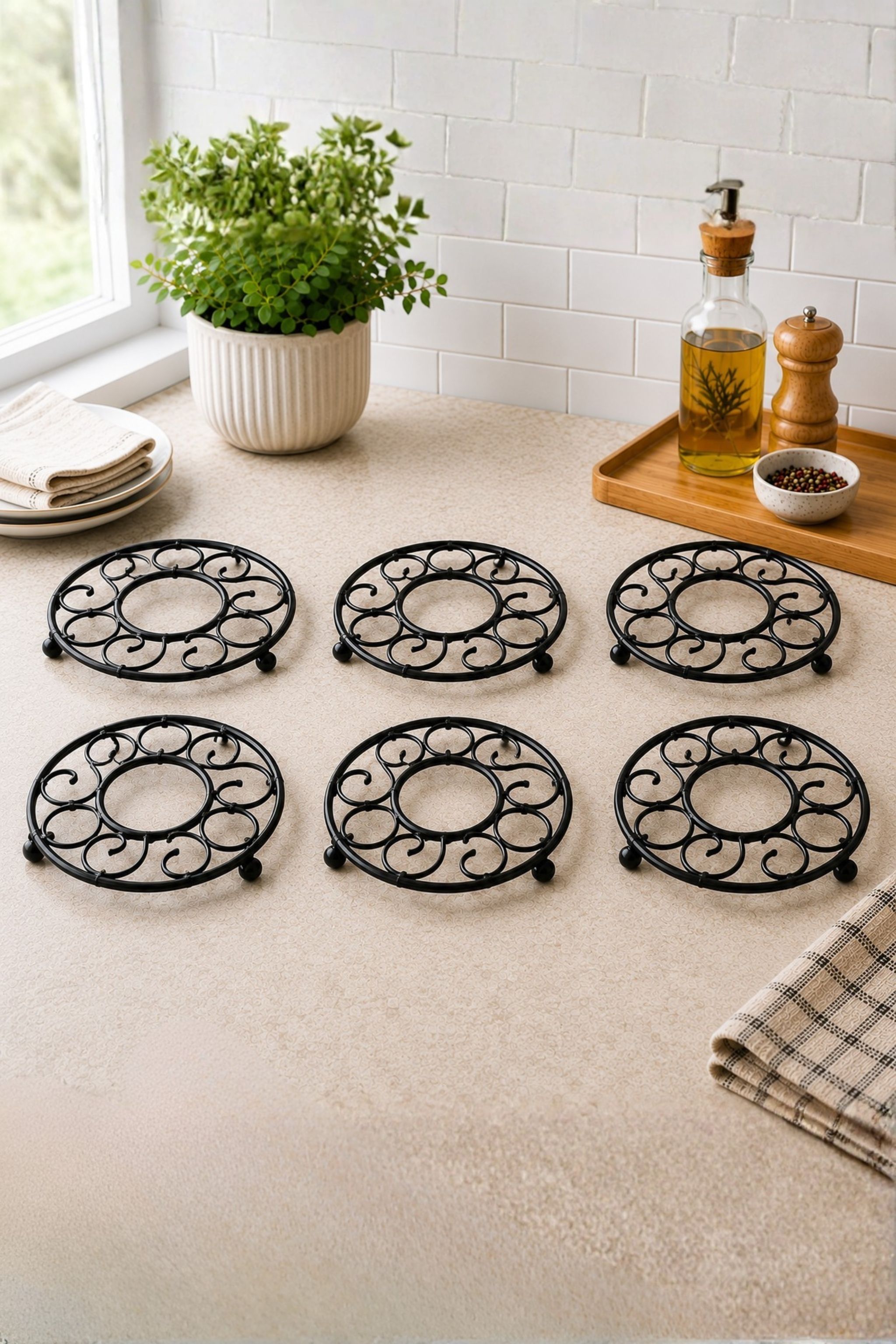 the urban home Premium Metal Trivet Set of 6 Heat Resistant Pot Stand for Kitchen & Dining Glossy Trivet-picture-42