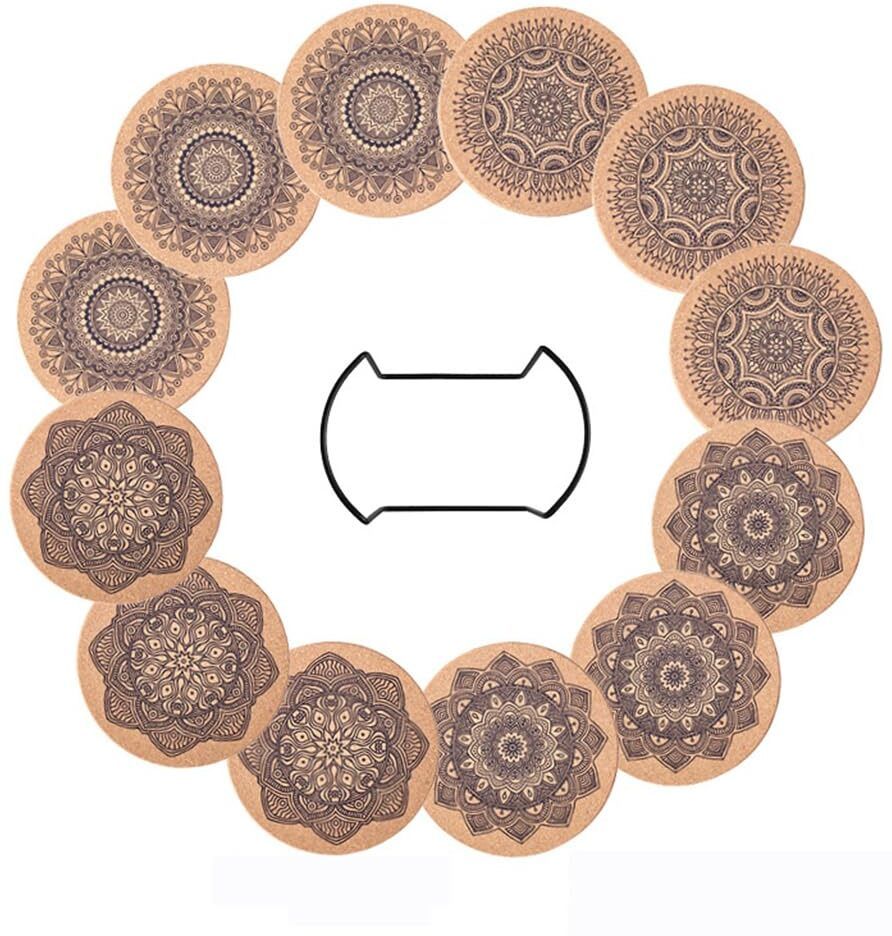 maycreate 12Pcs Mandala Coaster Cork Mandala Embossing Coasters 3.9 Inches Cup Coasters Natural Cork Trivet-picture-26