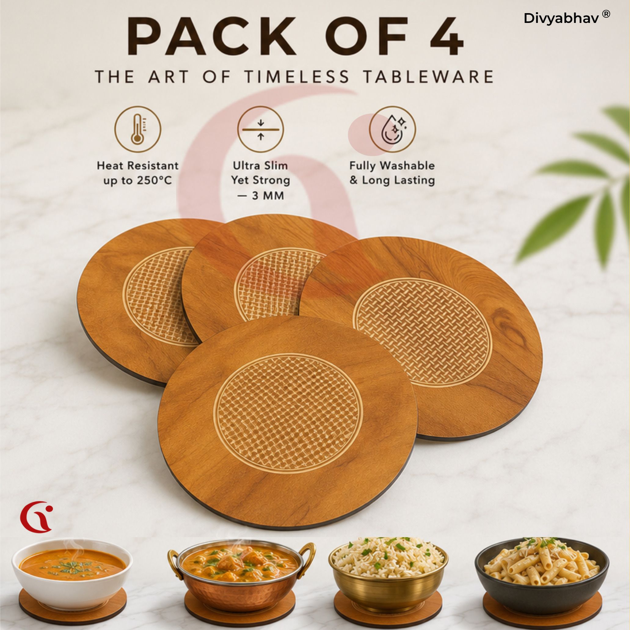 divyabhav enterprise Premium Wooden Coaster Set, 20 cm Laser Engraved Heat Resistant Table Protector, Up to 250°C Hot Pot Stand for Dining Table, Kitchen, Hotels, Cafés & Restaurants Trivet-picture-11