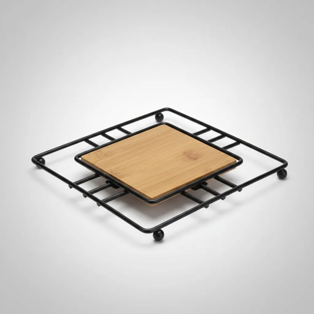 Square Metal Trivet with Wooden Centre Heat Resistant Kitchen Hot Pot Stand Trivet-image-45