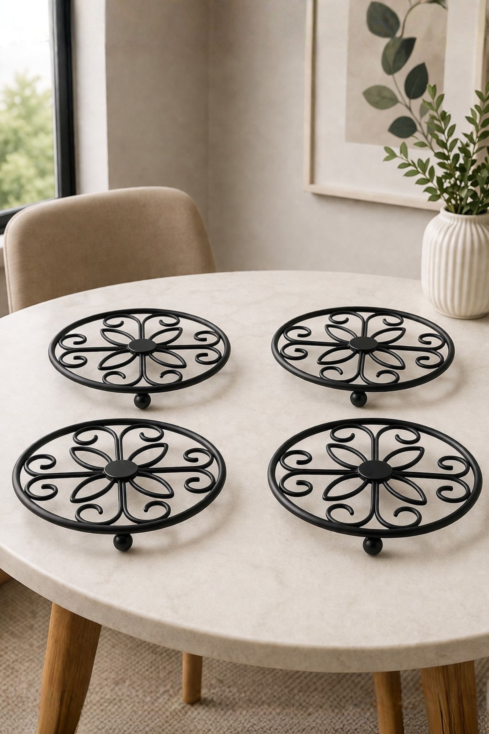 r k handicrafts Premium Metal Trivet Set of 4 Heat Resistant Pot Stand for Kitchen & Dining Glossy Trivet-picture-28
