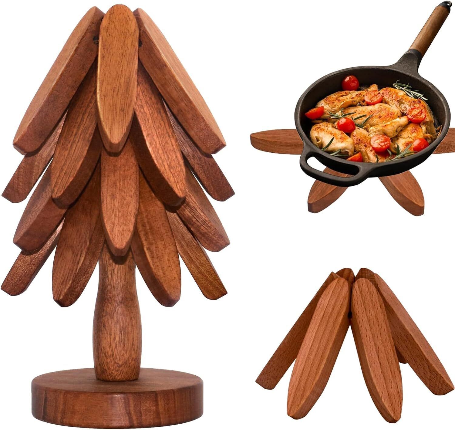 Tree Shape Wooden Coasters Set of 5 Stackable Trivets Anti Hot Wooden Trivet Set Glossy Trivet-image-19