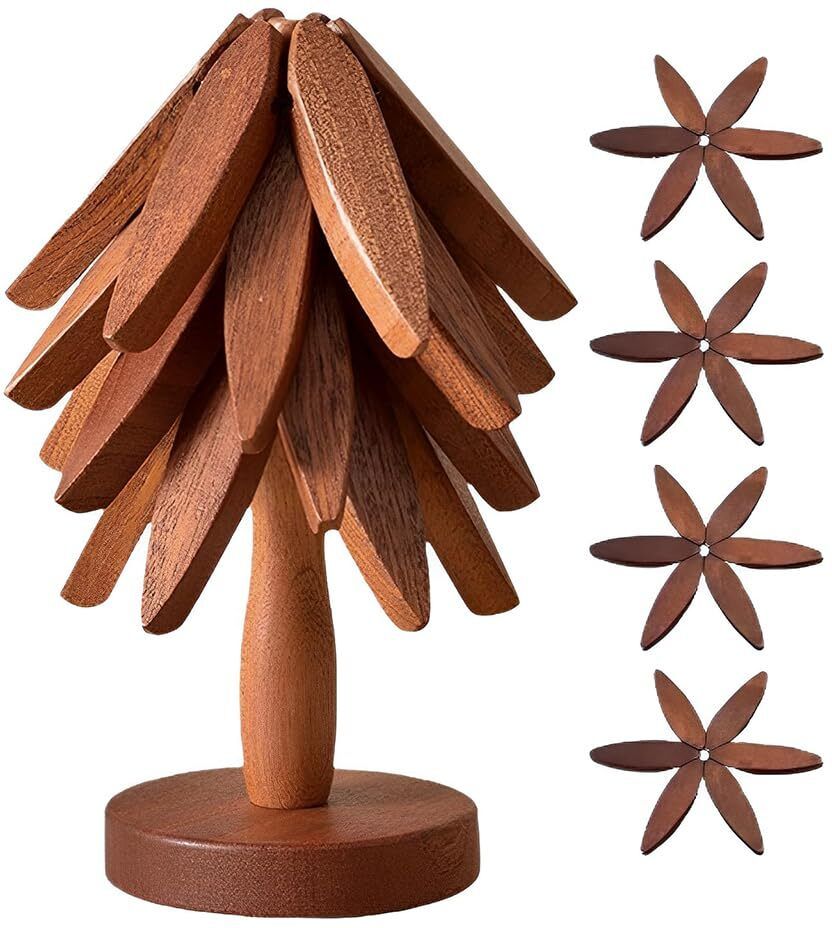 Tree Shape Wooden Coasters Set of 5 Stackable Trivets Anti Hot Wooden Trivet Set Glossy Trivet-image-22