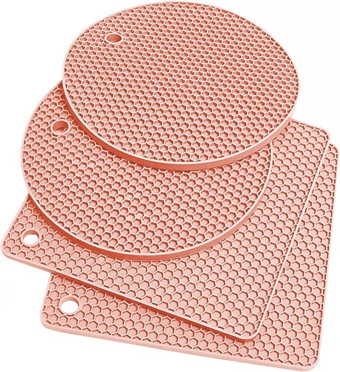 Silicone Trivet Mat Hot Mat-Hot Pad Durable Non Slip Coaster Heat Resistan,Pink 2 Square, 2 Round Trivet-image-5