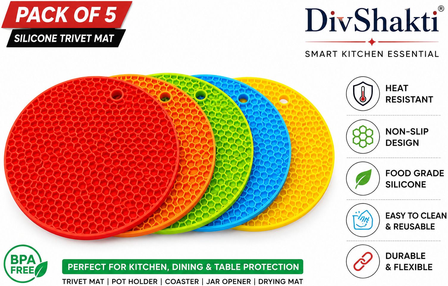 divshakti Silicone Heat Resistant Trivet Mat Set of 5| Non-Slip Hot Pot Holder Silicone Heat Resistant Trivet Mat Set of 5| Non-Slip Hot Pot Holder Trivet-picture-13
