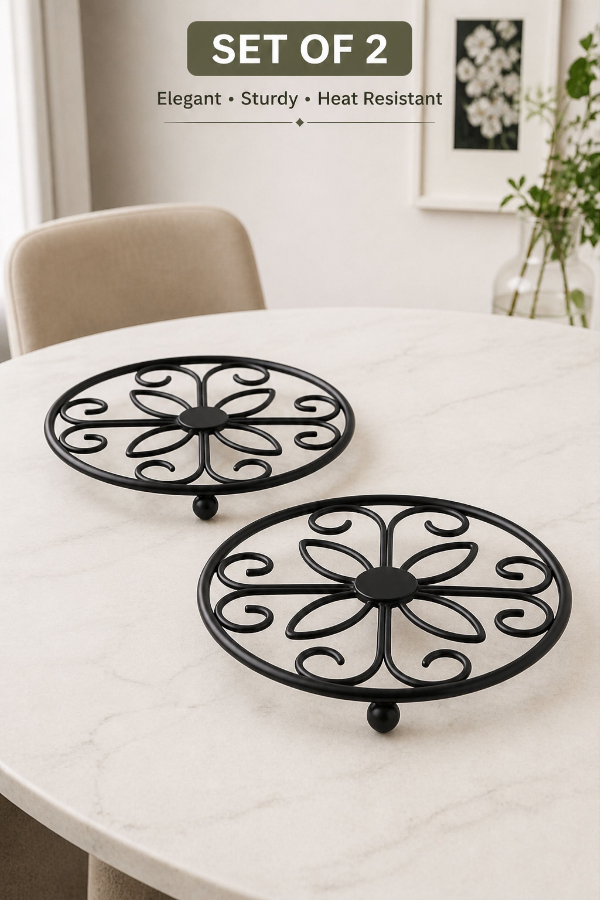 r k handicrafts Premium Metal Trivet Set of 2 Heat Resistant Pot Stand for Kitchen & Dining Glossy Trivet-picture-48
