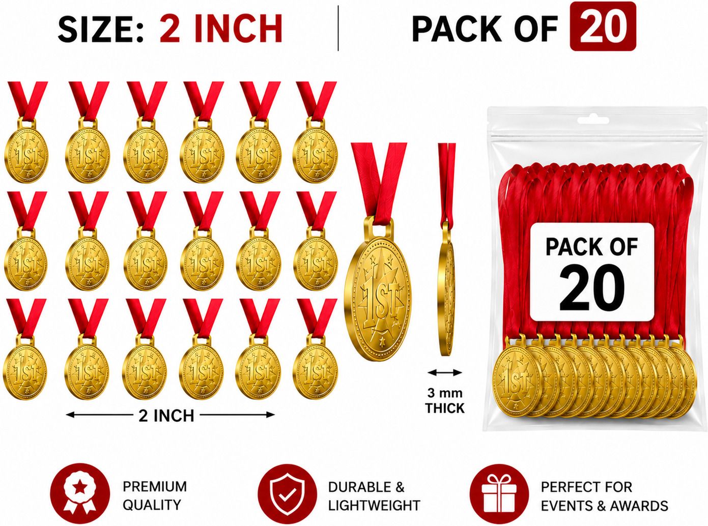 Gold 1st Rank Medals for school sports events Pack of 20 (2 inch) Medal Medal-image-44