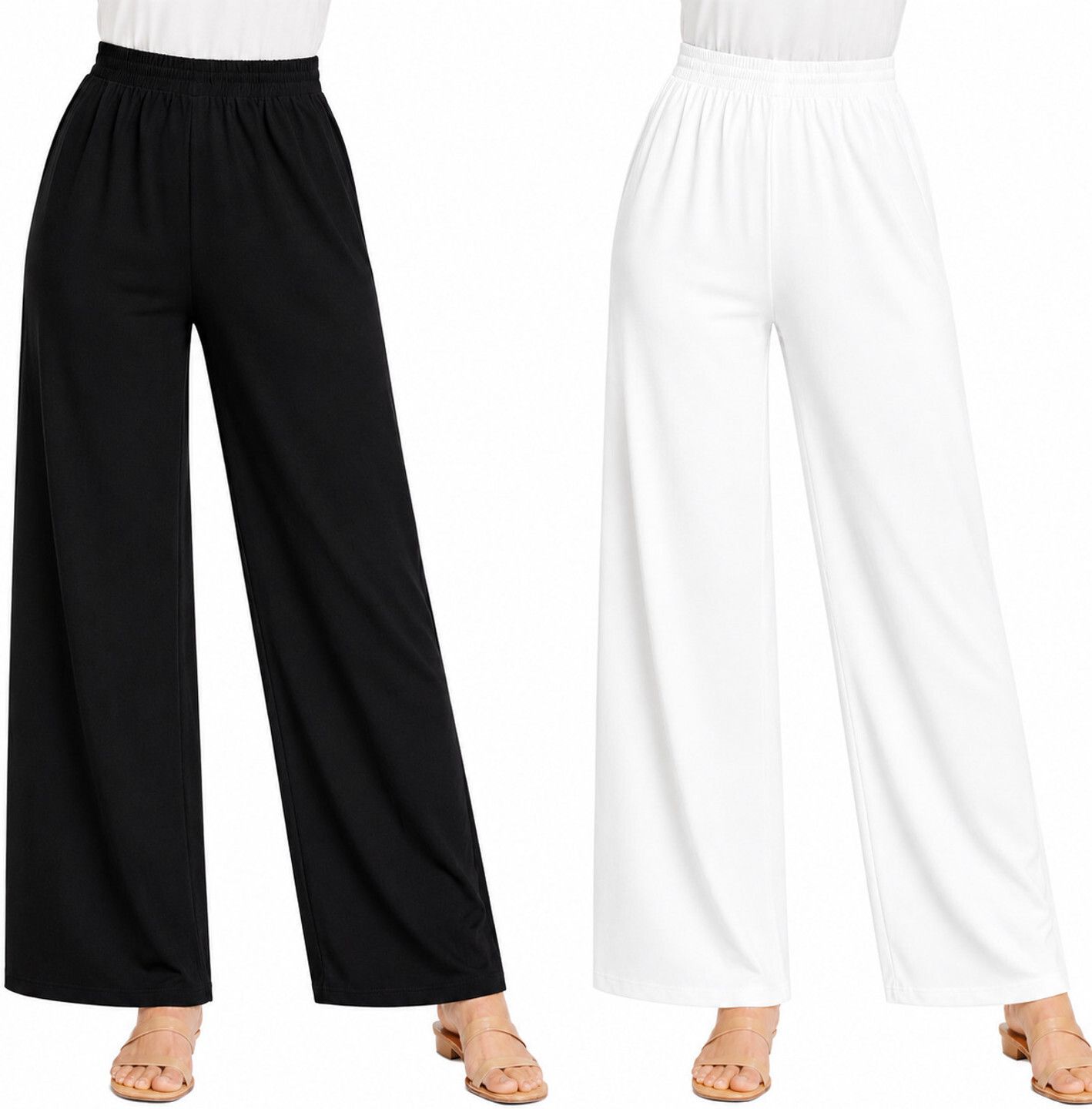 Pack of 2 Women Loose Fit Black, White Satin Trousers-image-3
