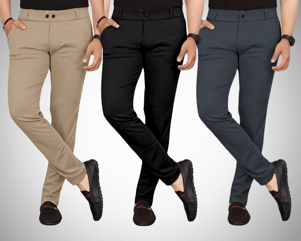 chartou Pack of 3 Men Regular Fit Multicolor Lycra Blend Trousers-picture-21