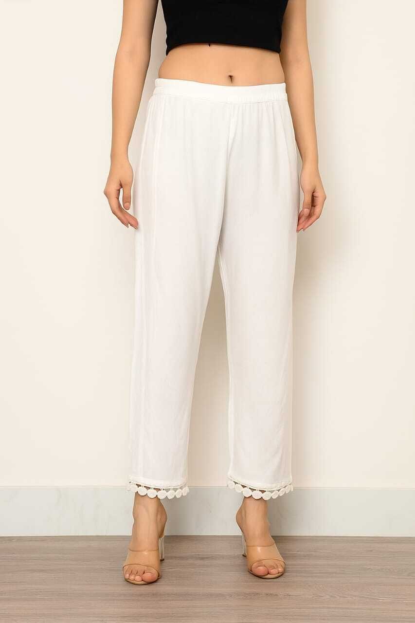 Women Regular Fit White Viscose Rayon Trousers