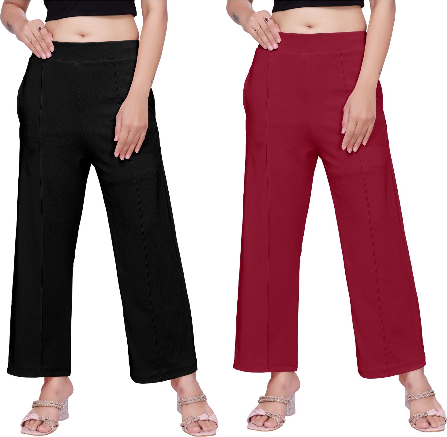 veiramen Pack of 2 Women Comfort Fit Multicolor Cotton Blend Trousers-picture-34