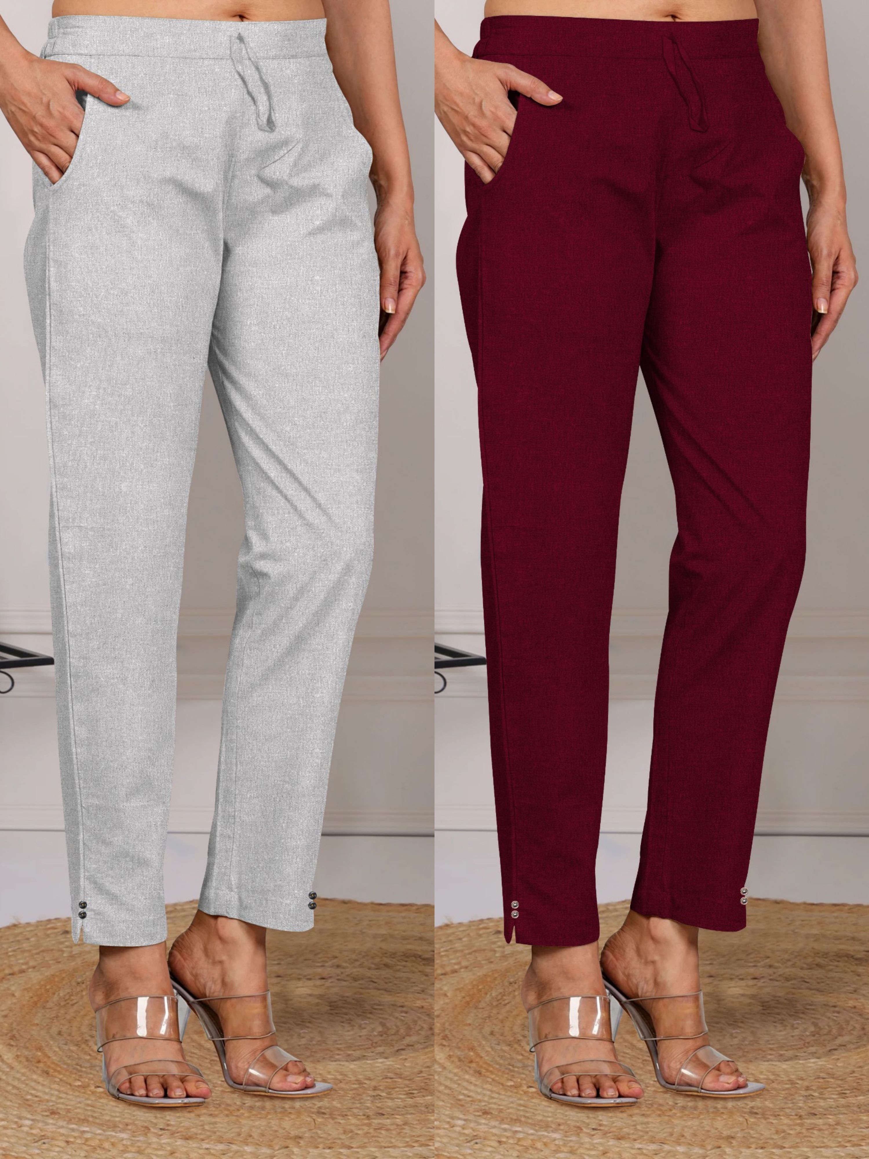 Pack of 2 Women Straight Fit Grey, Maroon Cotton Blend Trousers-image-31