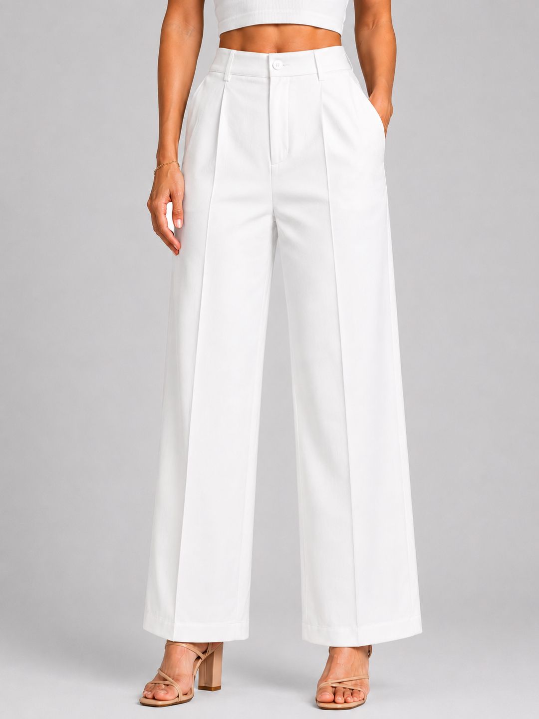 trend level Women Straight Fit White Cotton Blend Trousers-picture-20