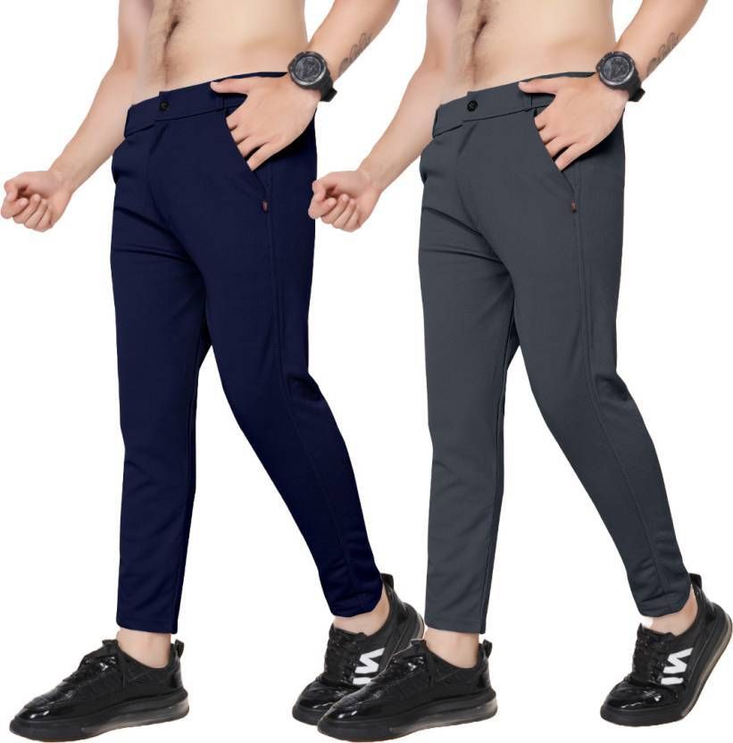 Pack of 2 Men Regular Fit Dark Blue, Grey Lycra Blend Trousers-image-4