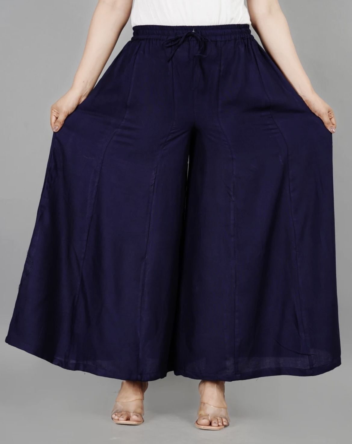 Women Flared Dark Blue Viscose Rayon Trousers-image-17