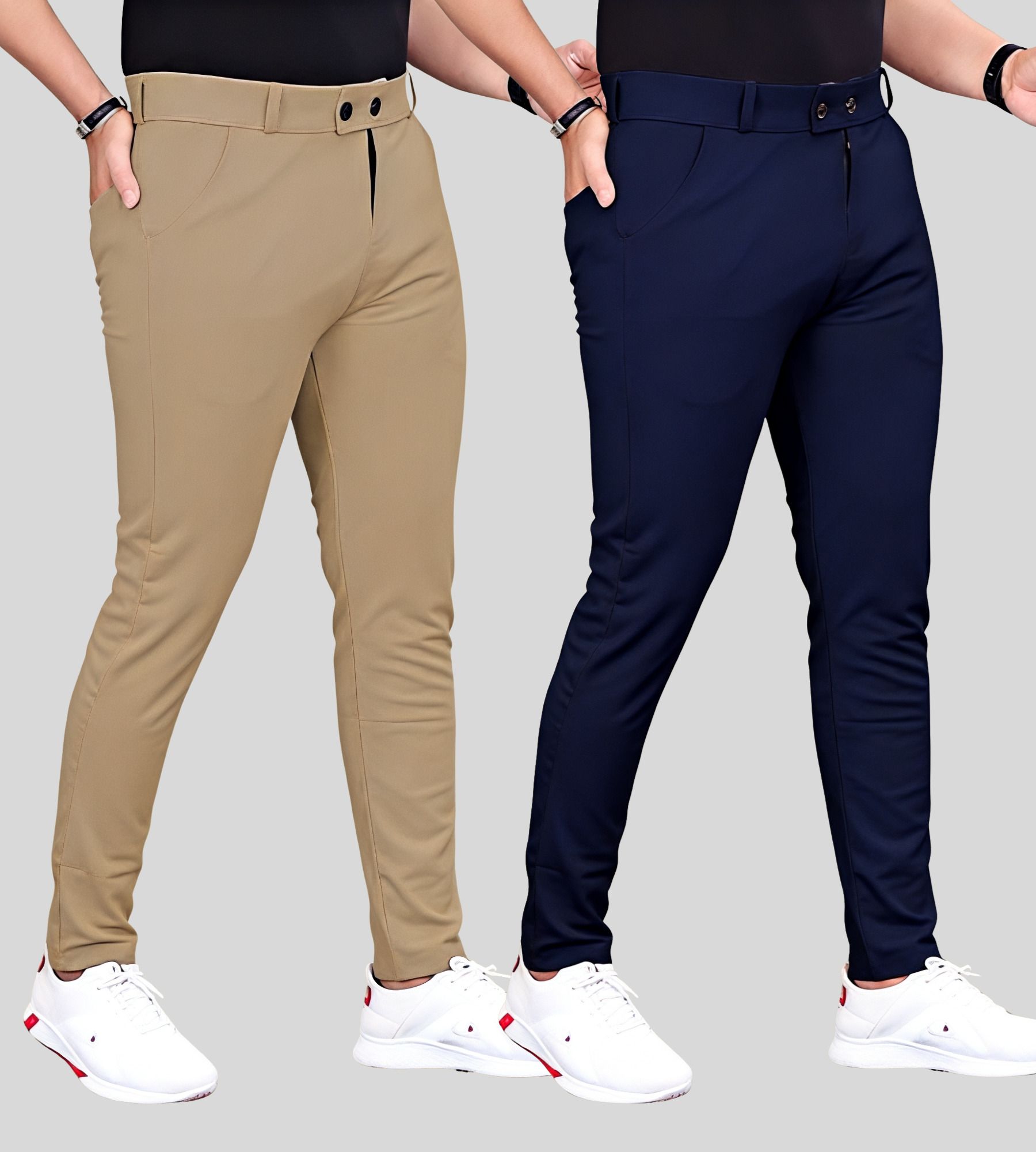 fabaura Men Slim Fit Khaki, Blue Lycra Blend Trousers-picture-34