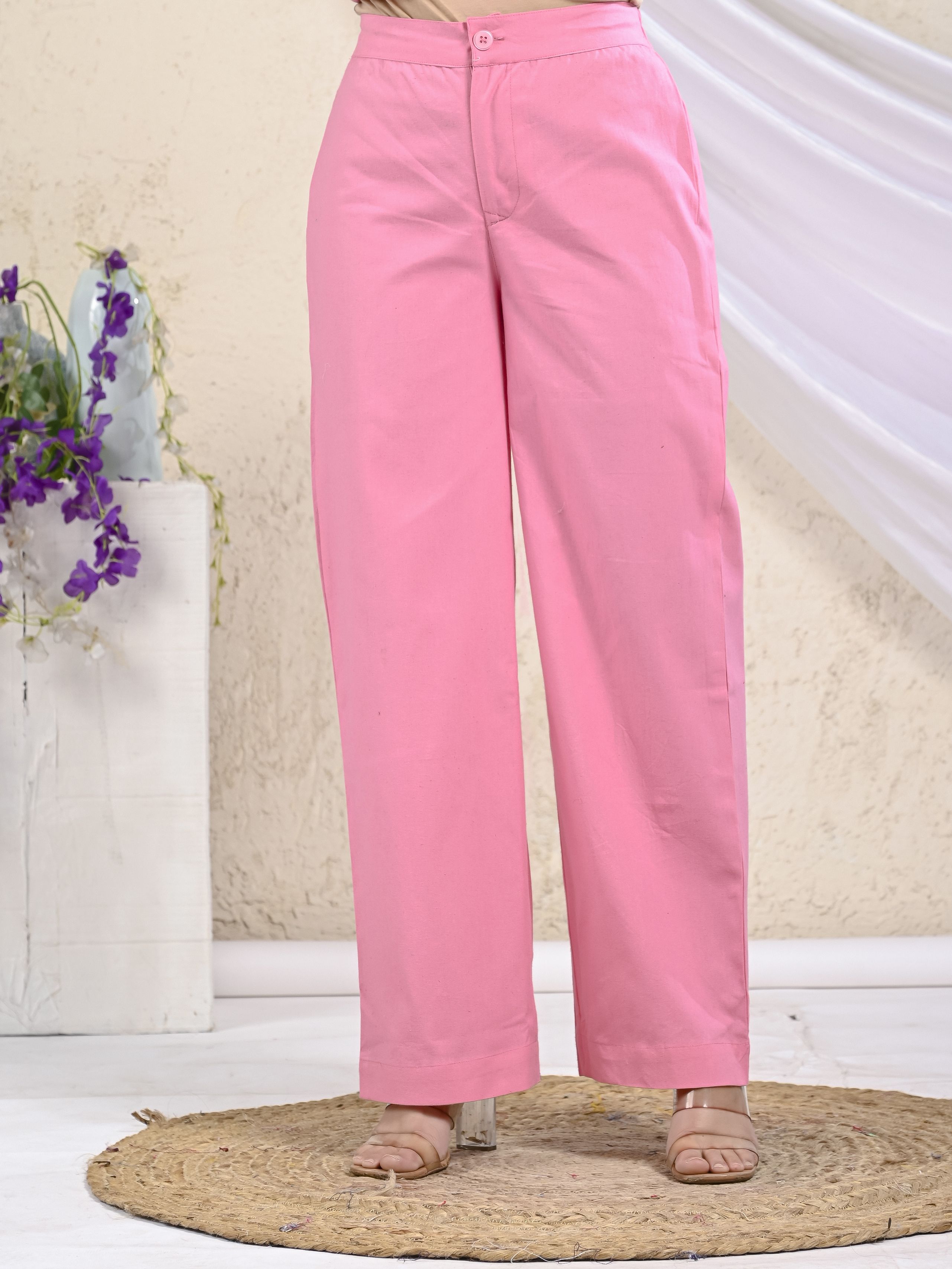 sathray Women Regular Fit Pink Pure Cotton Trousers-picture-28