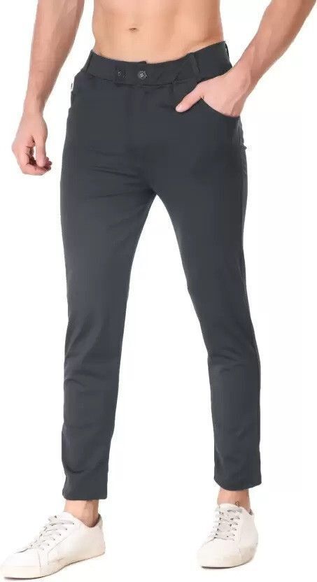 Men Slim Fit Grey Lycra Blend Trousers-image-0