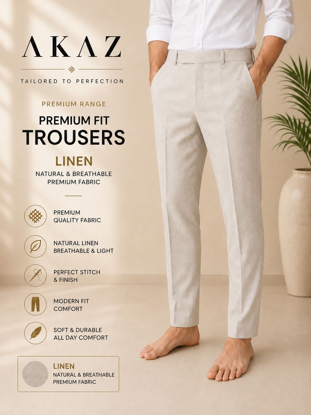 Men Slim Fit Beige Pure Linen Trousers-image-19