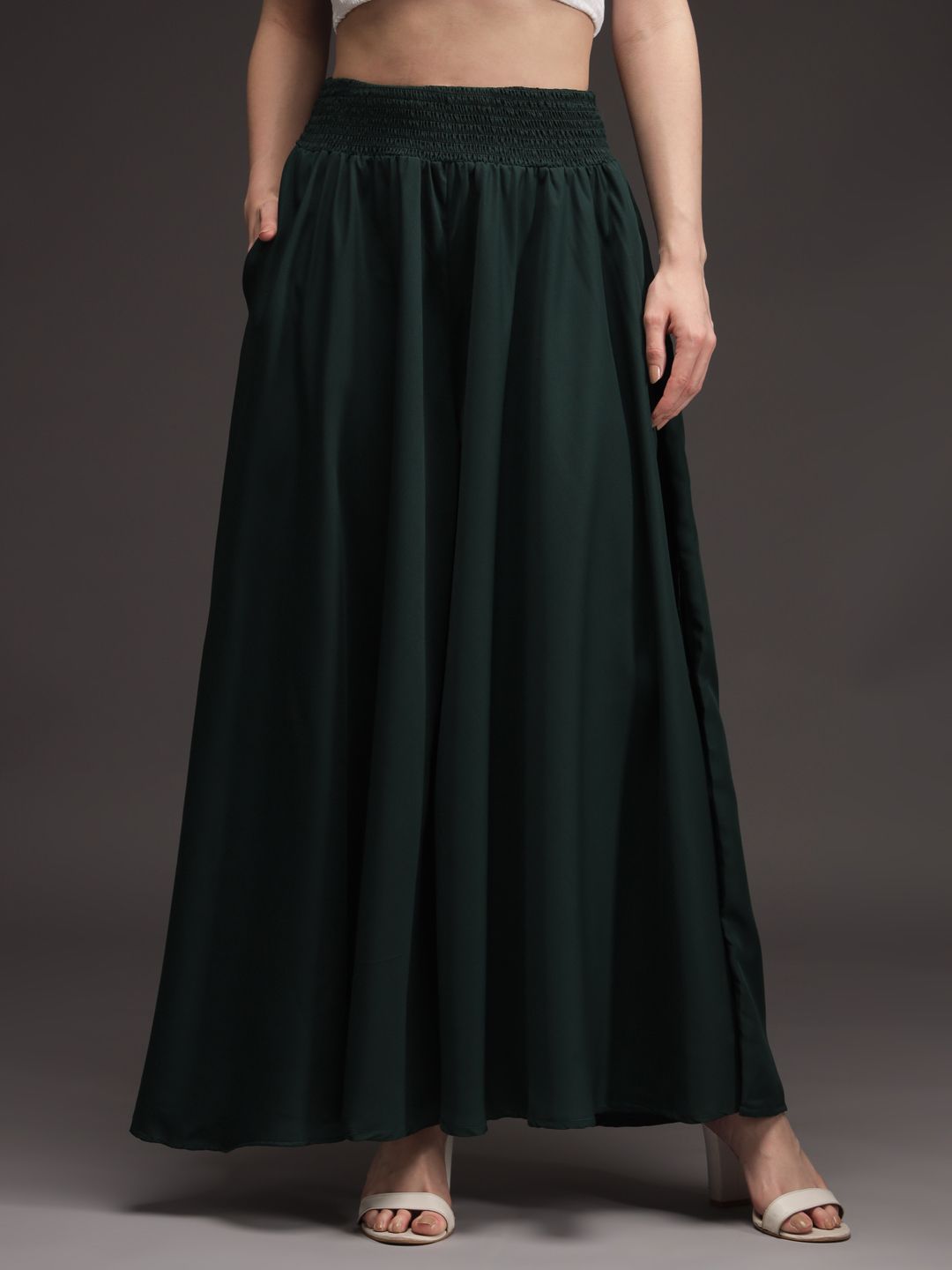 Women Relaxed, Flared Dark Green Viscose Rayon Trousers