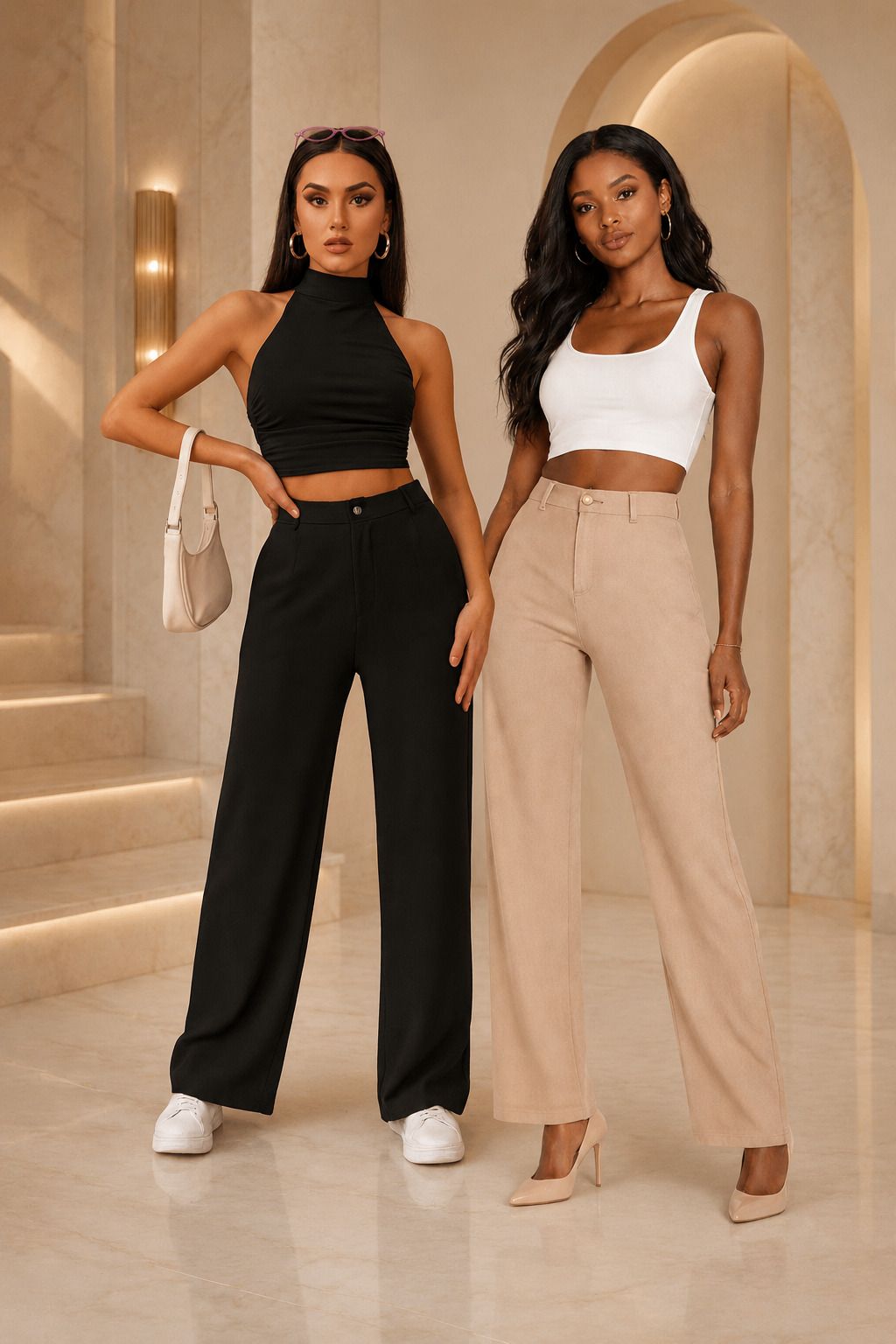 kisura Pack of 2 Women Straight Fit Beige, Black Polycotton Trousers-picture-17