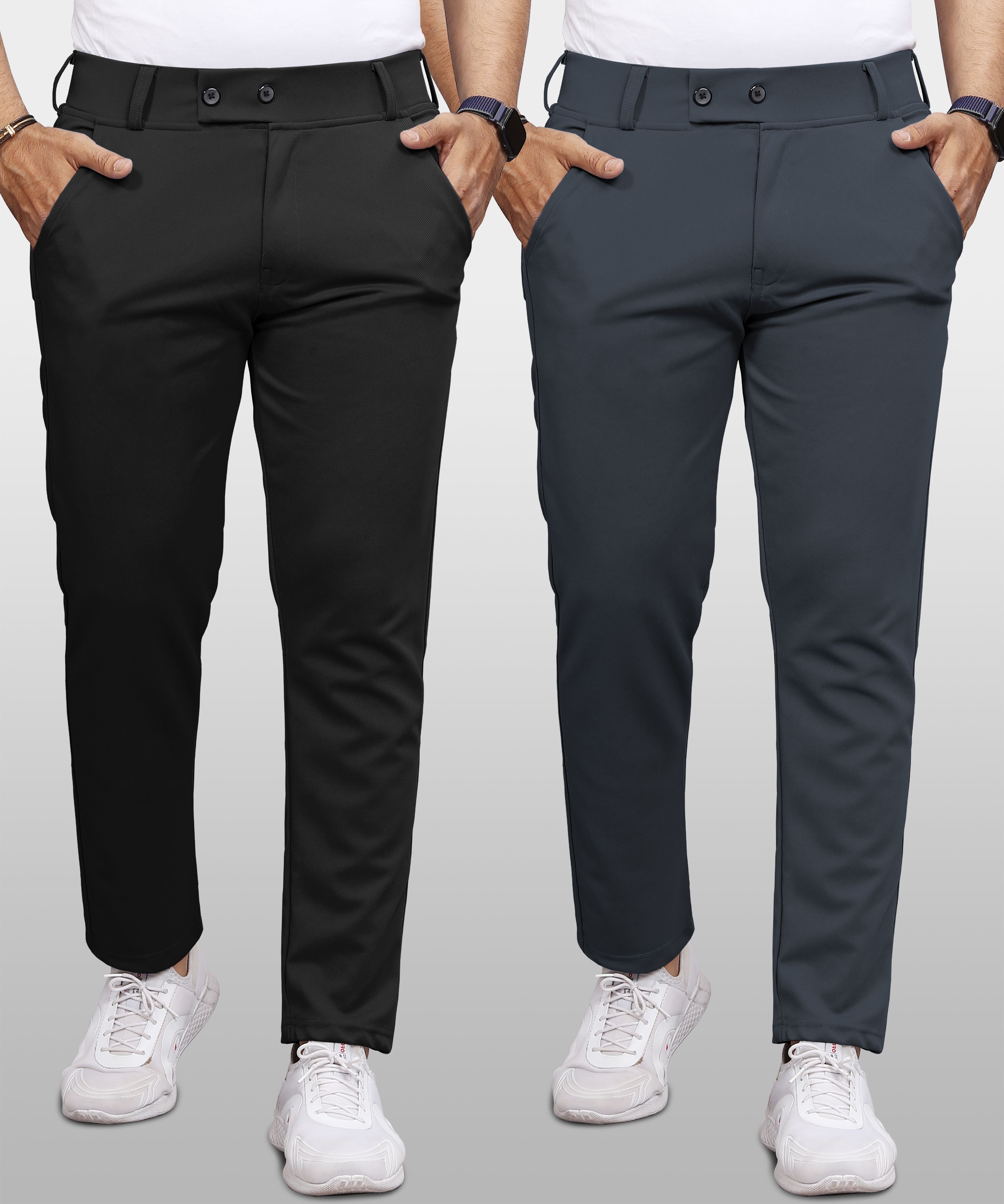 vebnor Pack of 2 Men Regular Fit Black, Grey Lycra Blend Trousers-picture-32