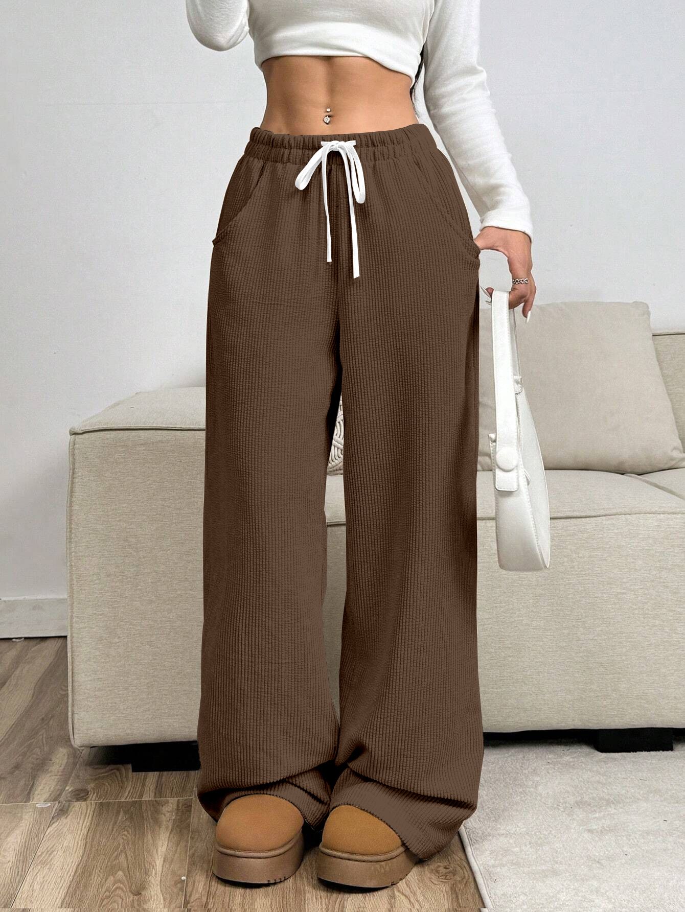 Women Loose Fit Brown Viscose Rayon Trousers