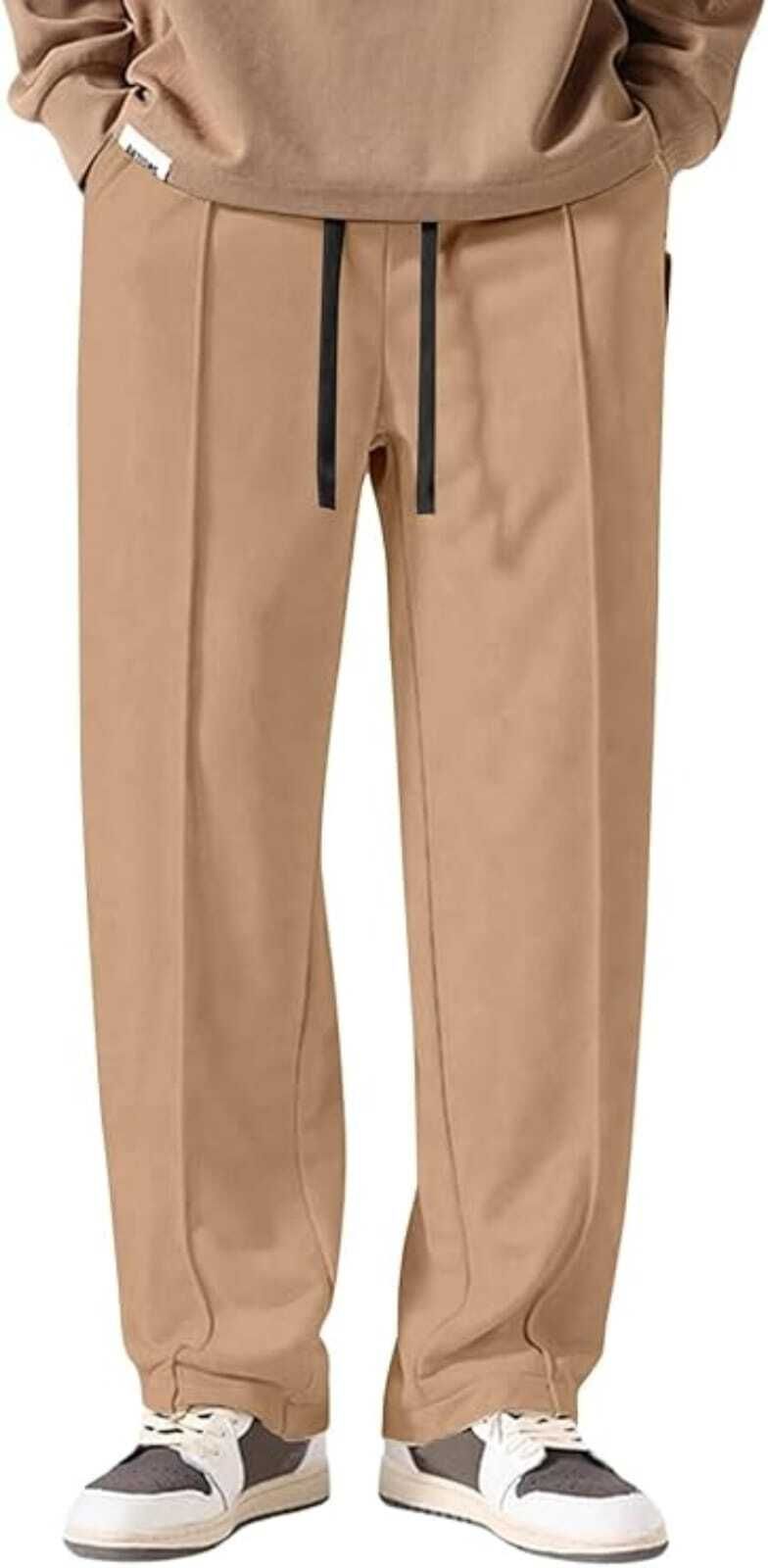 Men Loose Fit Beige Linen Blend Trousers