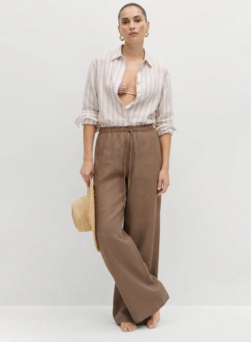 kotty Women Relaxed Brown Linen Blend Trousers-picture-8