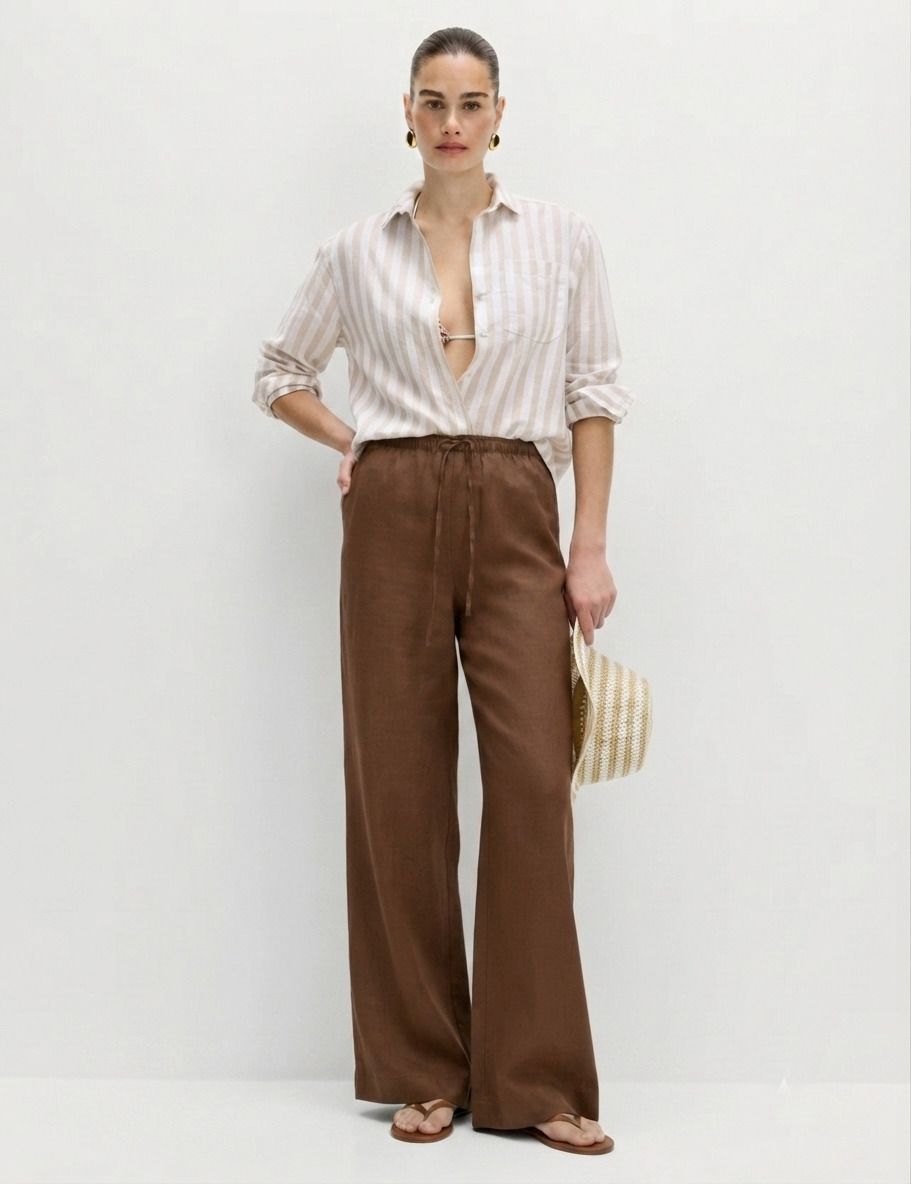 kotty Women Relaxed Brown Linen Blend Trousers-picture-7