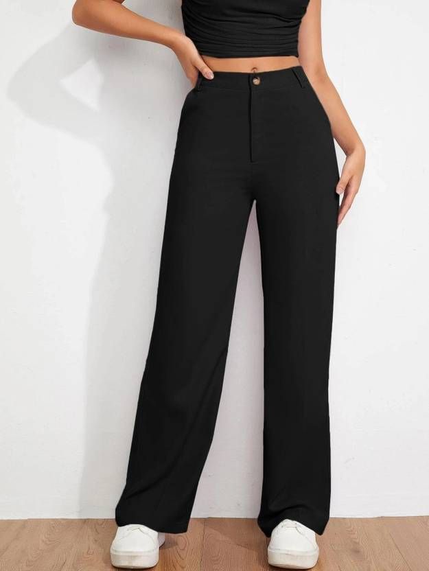 Women Straight Fit Black Viscose Rayon Trousers-image-34