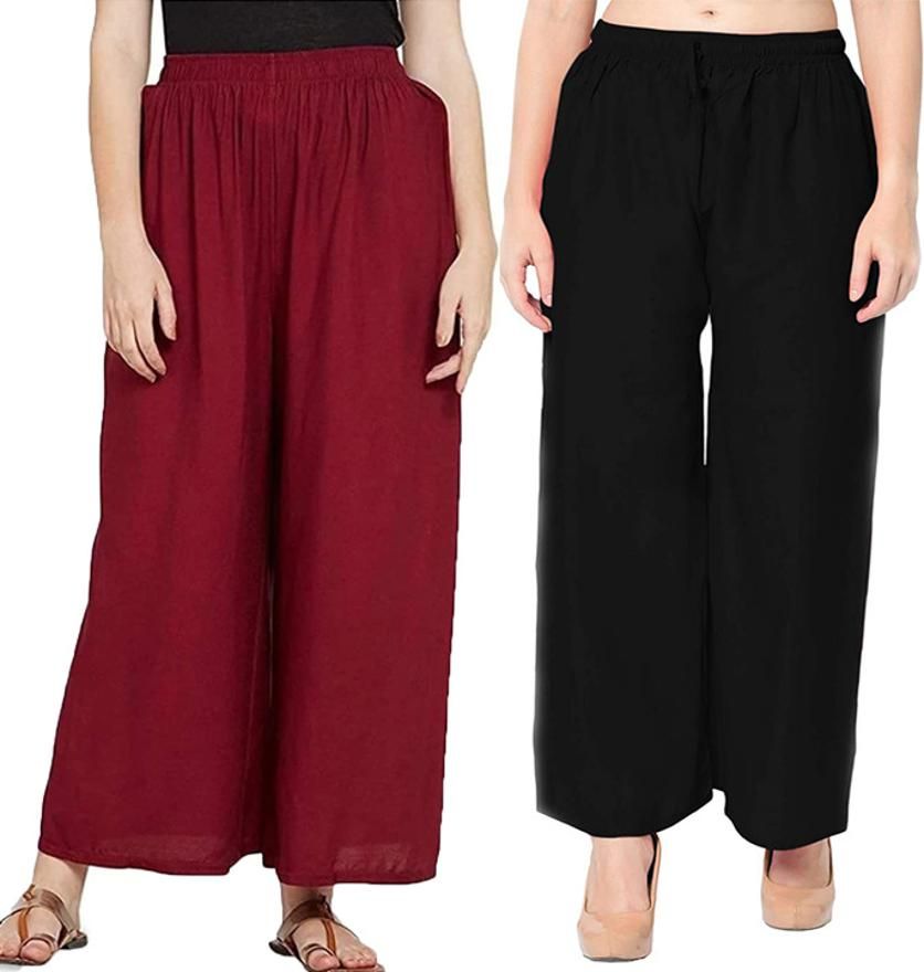 Pack of 2 Women Regular Fit Maroon, Black Cotton Blend Trousers-image-27