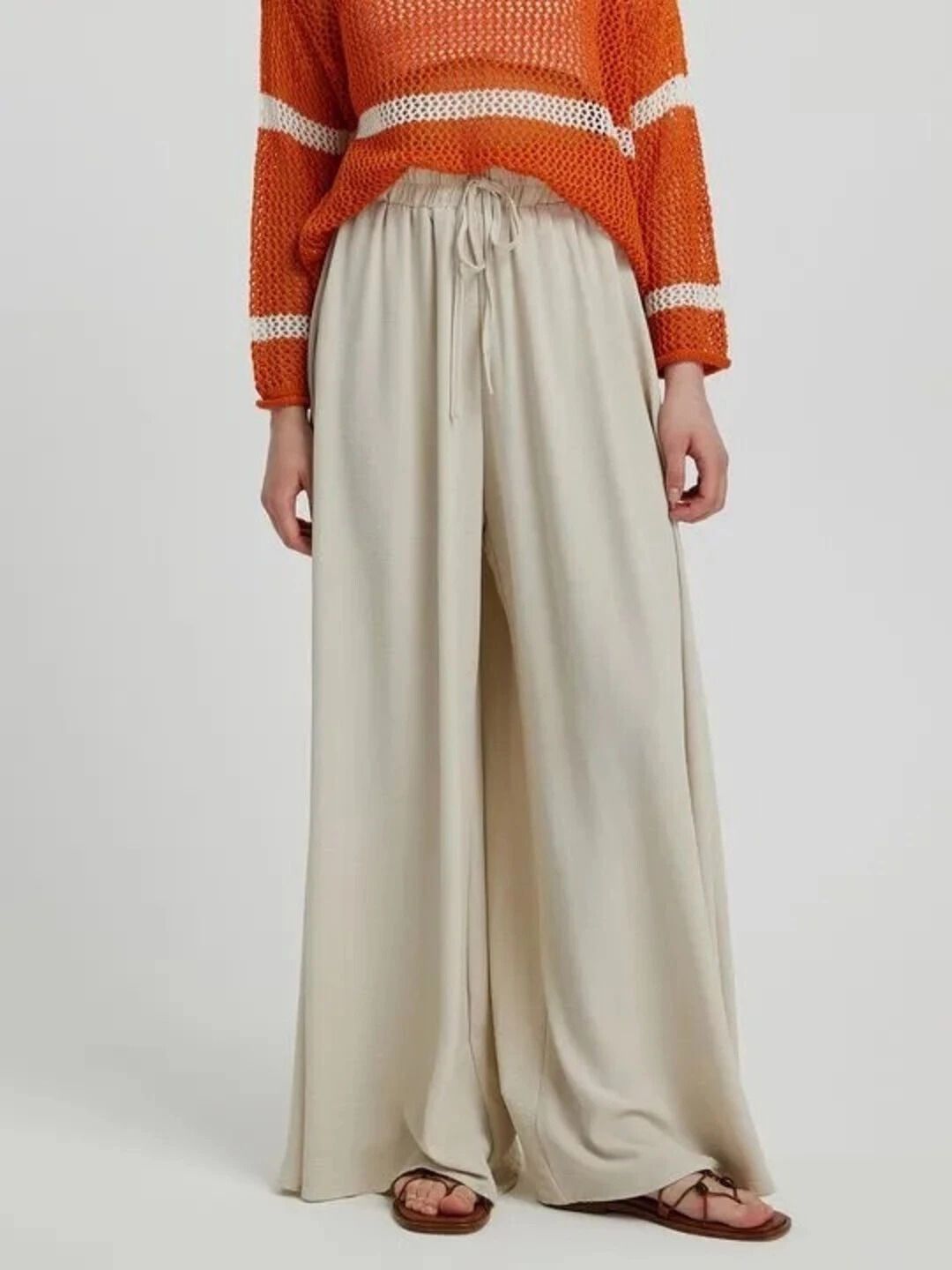 Women Loose Fit Beige Viscose Rayon Trousers-image-29