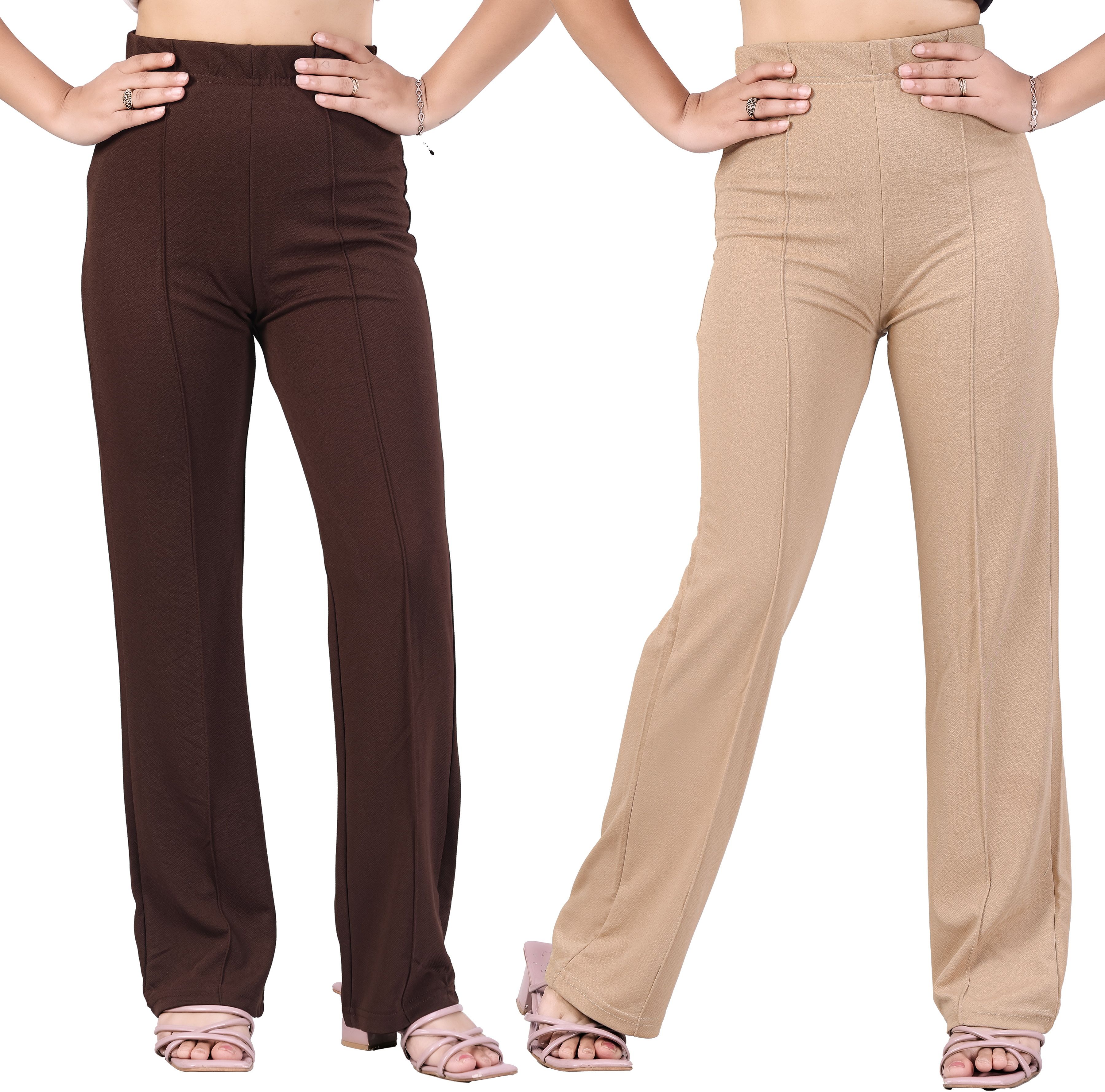 Women Loose Fit Brown, Cream Viscose Rayon Trousers-image-8